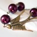 Mulberry Wine Necklace, Glass Pearl - Sparrow, Bird,Maroon, Large, Antique Bronze, Flying Bird, Nature Inspired