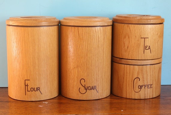 Vintage Wood Shell Canister Set Flour Sugar Tea Coffee