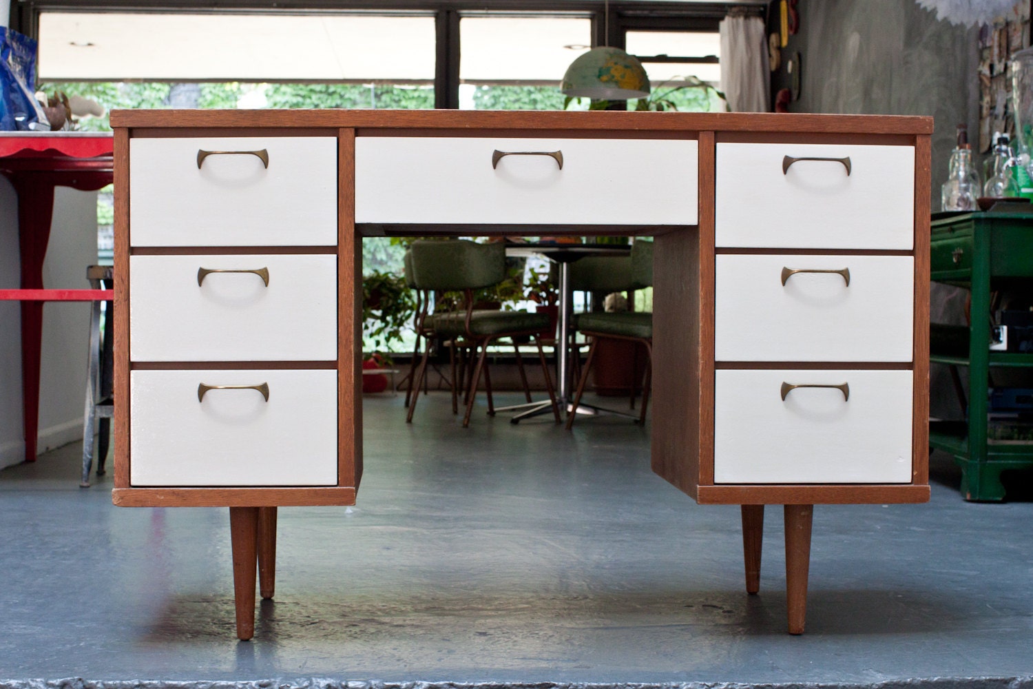 Office Desk Wooden White Drawers Mid Century Handmade