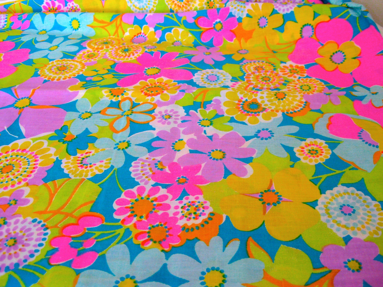 1960's Vintage Groovy Neon Flower Power Fabric One Yard