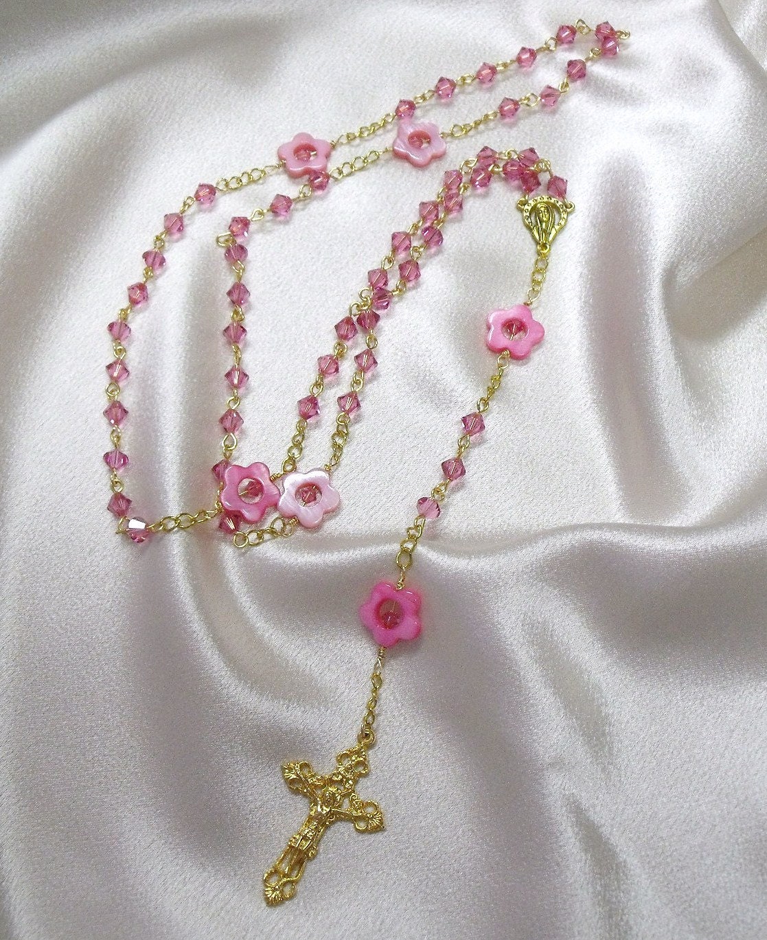 Rosary Beads Youth Pink Crystal Glass Flower Goldtone Crucifix