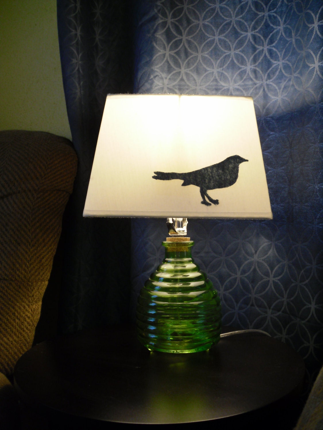 Green glass lamp with bird lamp shade Handmade