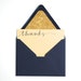 Thanks Stationery Set with Modern Calligraphy . Navy Blue Ink on Gold Shimmer . Floral Lined Navy Envelopes . Set of 5