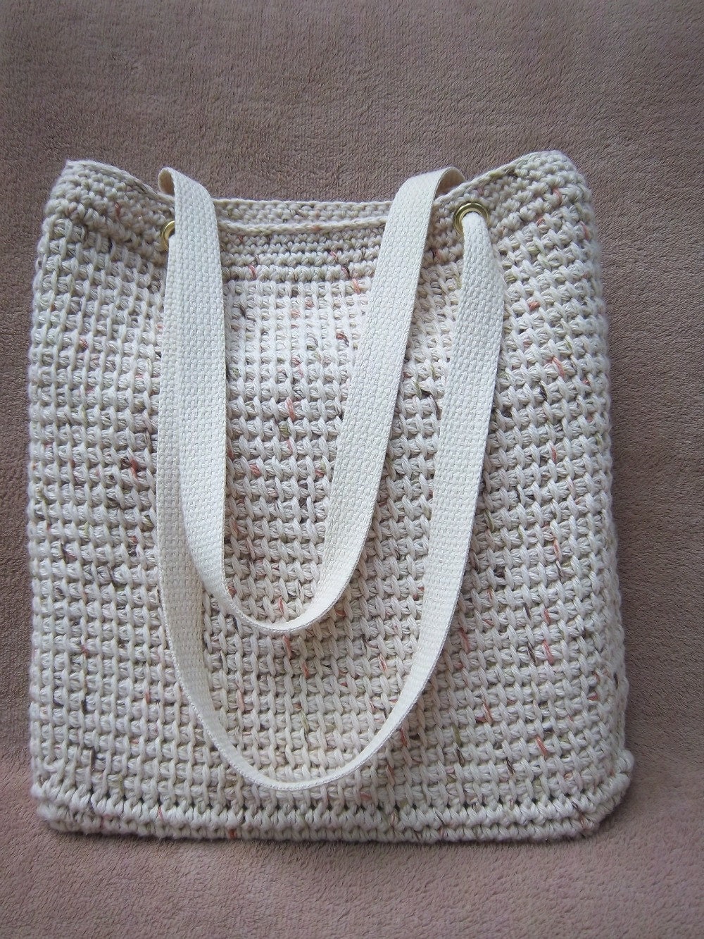 Large Bag Large Bag Beige Cotton Tunisian Crochet Tote Bag