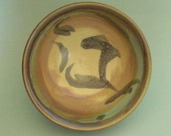 Hand Thrown Pottery Porcelain Bowl with Caligraphy in Olive Green, Gold, Moss Green, Lemon Yellow