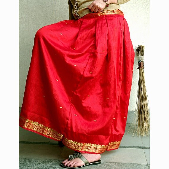 Sari Skirt Red Indian Saree Skirt Long Pleated Flowy Full