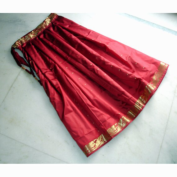 Red Silk Sari Skirt Pleated Maxi Skirt Long Indian Saree