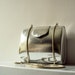 Vintage 80s Silver Barrel Evening Bag Purse Clutch Vegan PVC