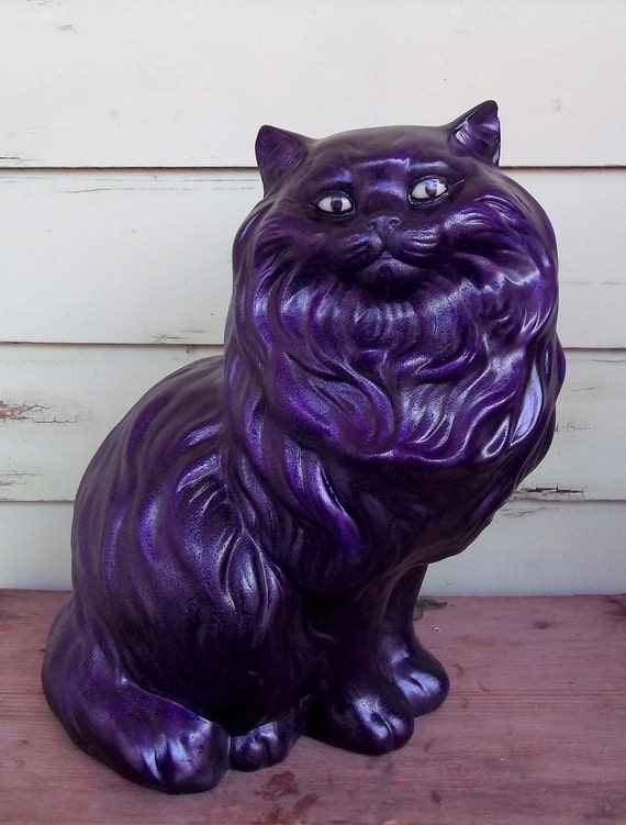 Upcycled black cat statue life sized hand painted