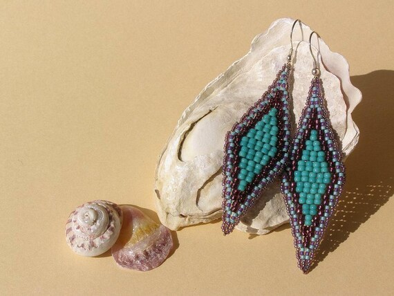 Earrings in Turquoise, Amethyst and Purple, Handbeaded Bohemian Diamond Shaped Dangles