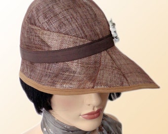 Flapper hat, brown sinamay cloche, sun hat, wedding hat, retro, 1920s vintage inspired, garden party, bridesmaid hat, great Gatsby.