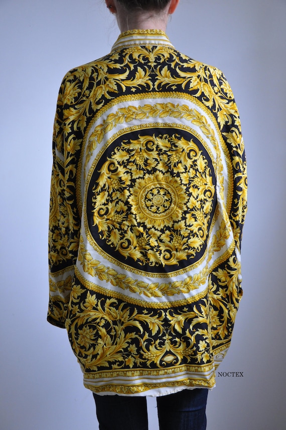 Vintage 80s 100 Silk VERSACE Golden Vines Baroque Button Up