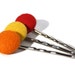 Felt hair accesories, set of three hairpins, fabric button bobby pins. Orange, red and yellow. Bright colors. Ready to ship