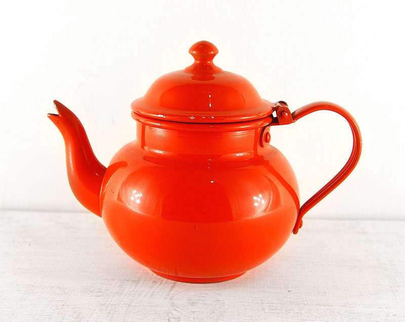 Vintage Enamel Teapot. Small Orange Tea Pot. Retro By Turtleandove