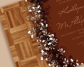Modern Wedding Invitations Suite with Wood Imagery and Delicate Floral Accents, Suite Includes RSVP Cards, Place Cards, and More
