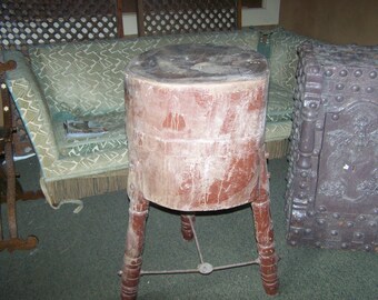 rustic round butcher block table, tripod stand