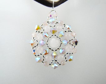 Sand Opal AB2X Swarovski Crystals and Rose Quartz Gemstones Medallion Beaded