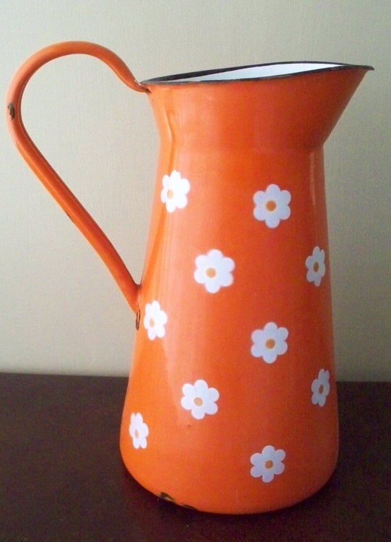 Vintage Enamelware Pitcher Orange With White Daisies Made in