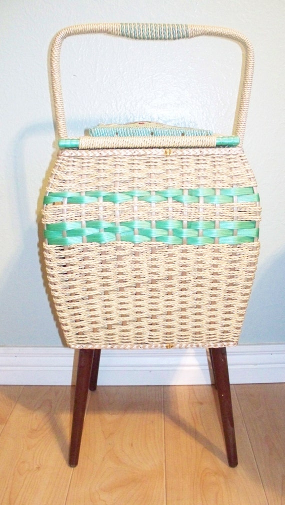 Vintage Sewing Basket On Stand/ Legs Filled With Sewing