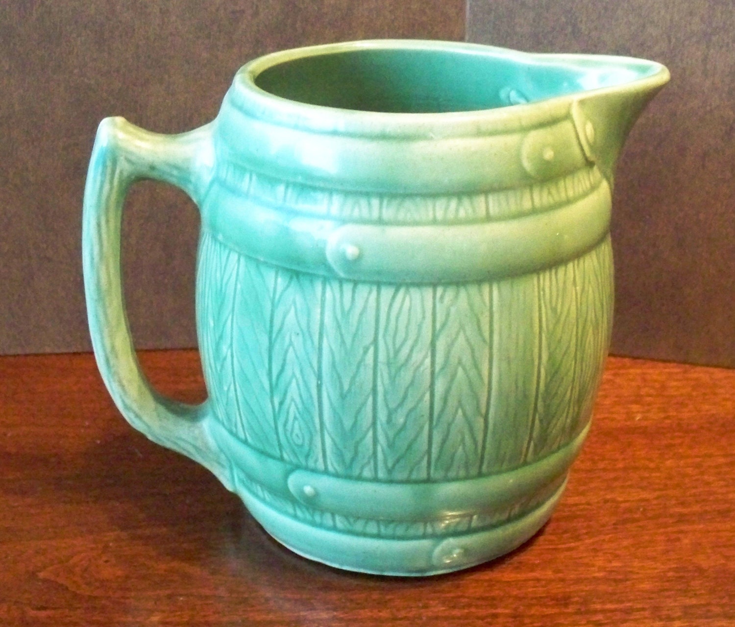 Antique McCoy Stoneware Pottery Pitcher Strapped Barrel