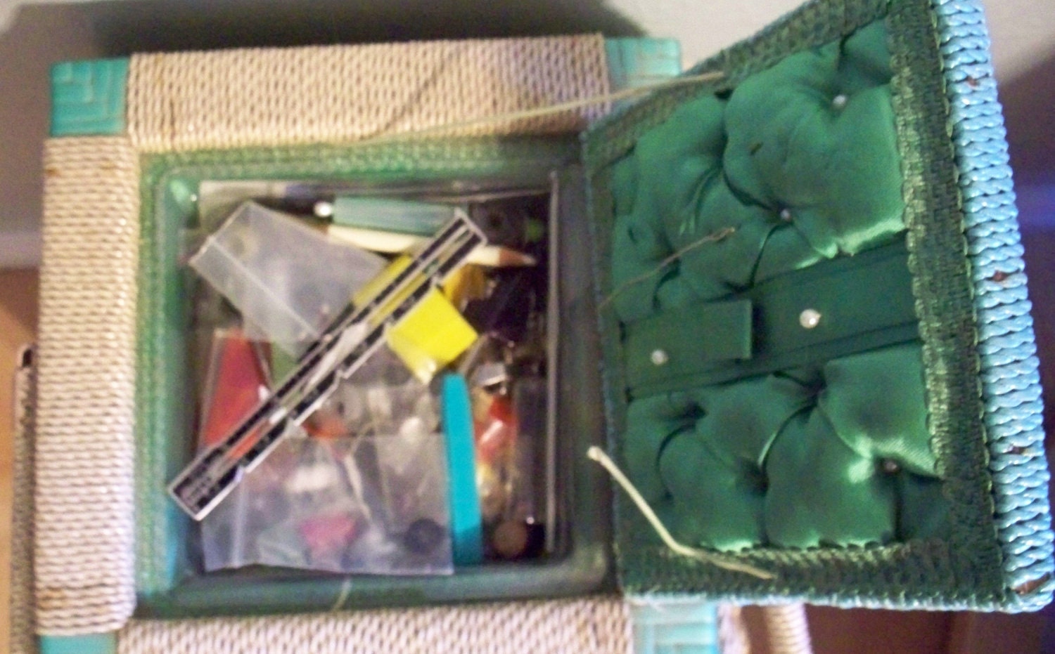 Vintage Sewing Basket On Stand/ Legs Filled With Sewing