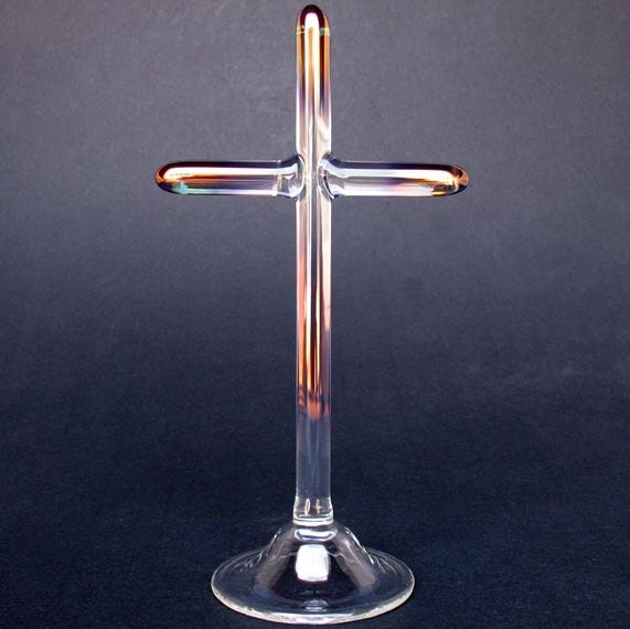 Cross Figurine Sculpture Hand Blown Glass Crystal Gold