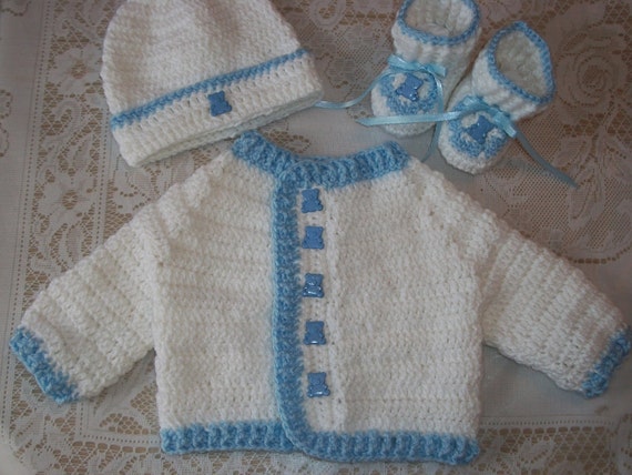 Crochet Baby Boy Sweater Set Perfect Baby by MADEWITHLOVEBYSUZIEQ