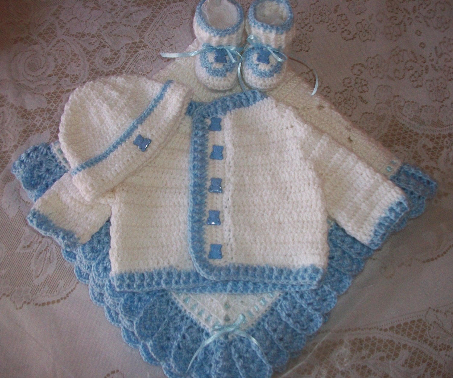 Crochet Baby Boy Sweater Set Layette by MADEWITHLOVEBYSUZIEQ