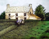 Irish farm watercolor painting, old homestead, tractor and green hayfields Irish farm watercolor painting, old homestead, tractor and green hayfields