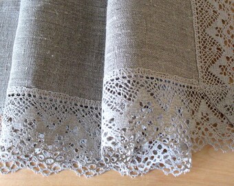 Linen Tablecloth Vintage Tablecloth Burlap Square Prewashed Natural Gray Linen Lace 42" x 42"