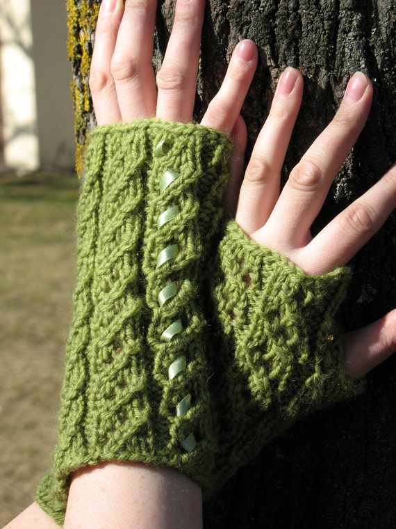 Fingerless Gloves Mittens Green Arm Warmers, Acrylic, Wool with green Satin