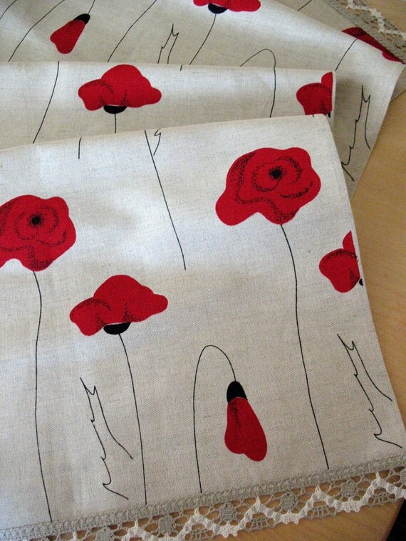Linen Table Runner Tablecloth Natural White Gray Black Red poppy, Linen Lace 71" x 18,5"