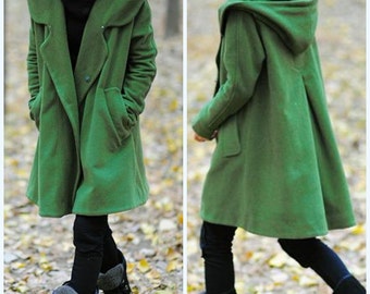 grass green Hoodie Wool cape winter coat