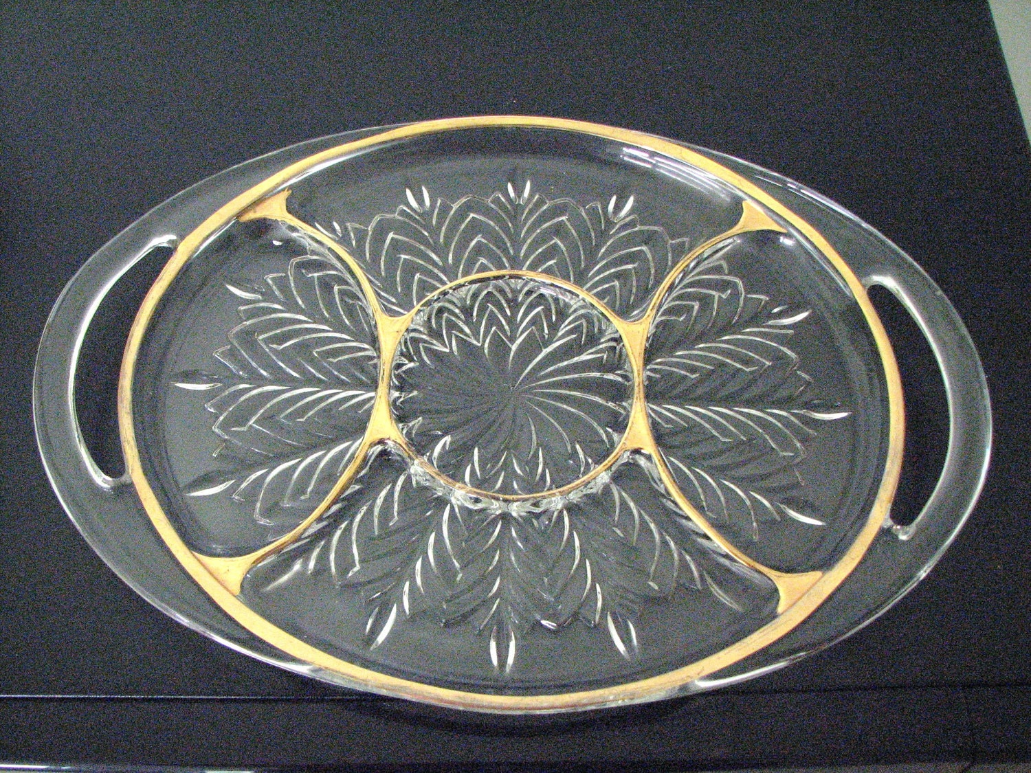 Divided Serving Plate Glass with Gold Trim and Two Handles