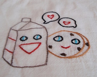 Sweet Cookie And Milk Carton Hand Embroidered Dish Towel