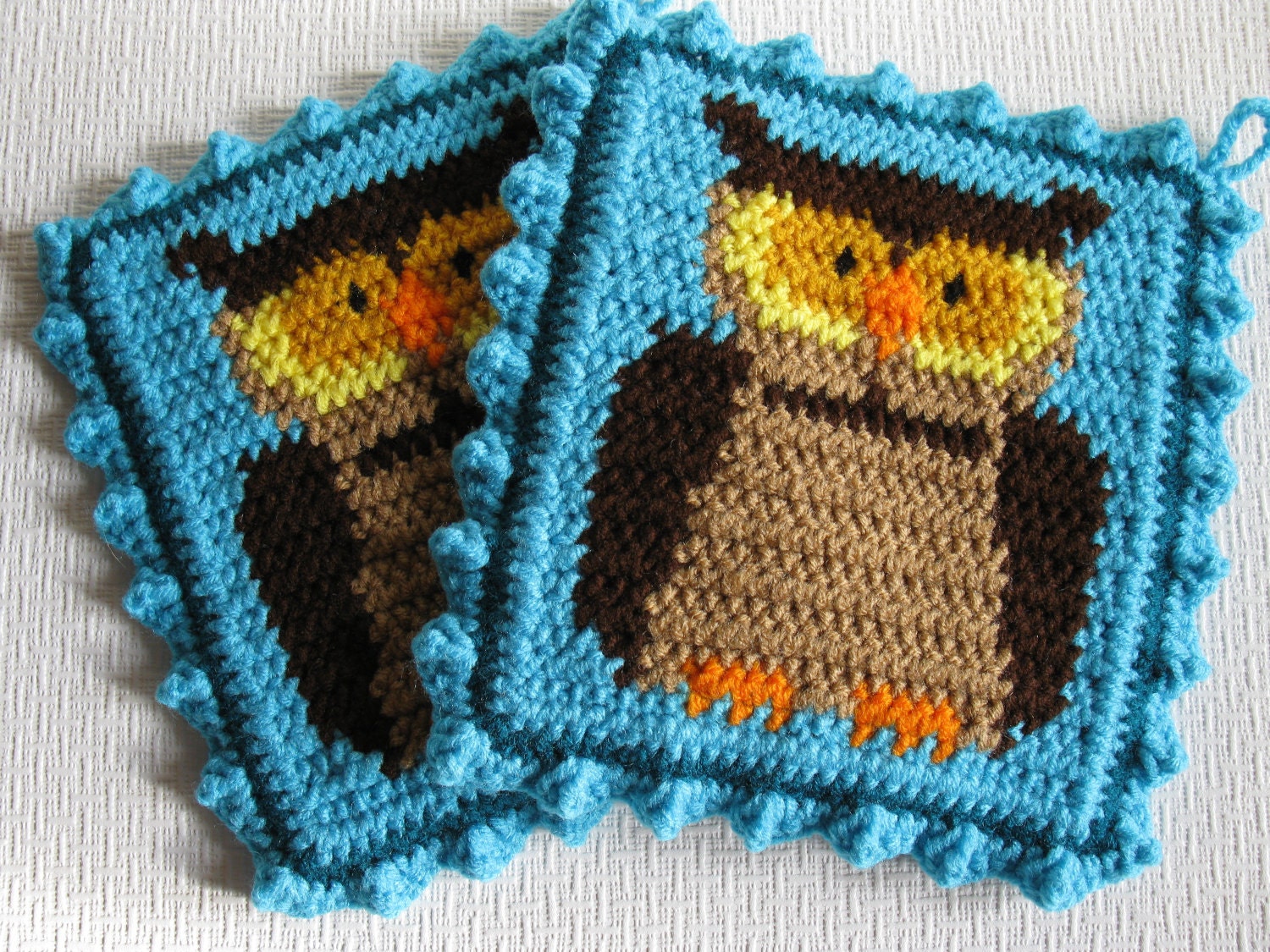 Owl Pot Holder Set. Turquoise crochet potholders with owls.