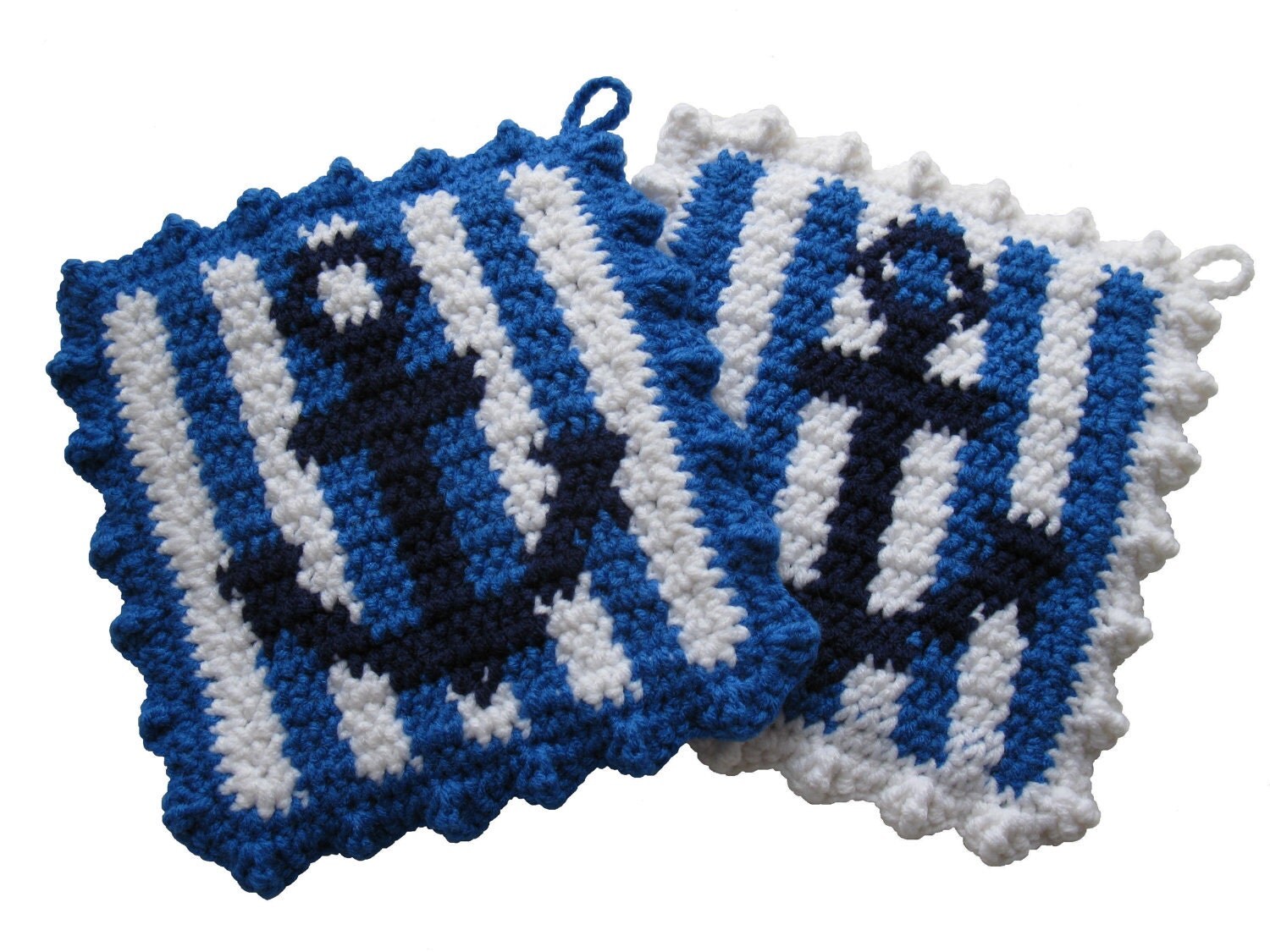 Anchor Pot Holders. Nautical decor blue and white stripes