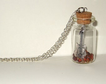 Guitar Necklace, Bottle Pendant, Guitarist Necklace, Silver Guitar Charm, Guitar in a Bottle, Musician Jewelry, Quirky Necklace, Guitar Gift