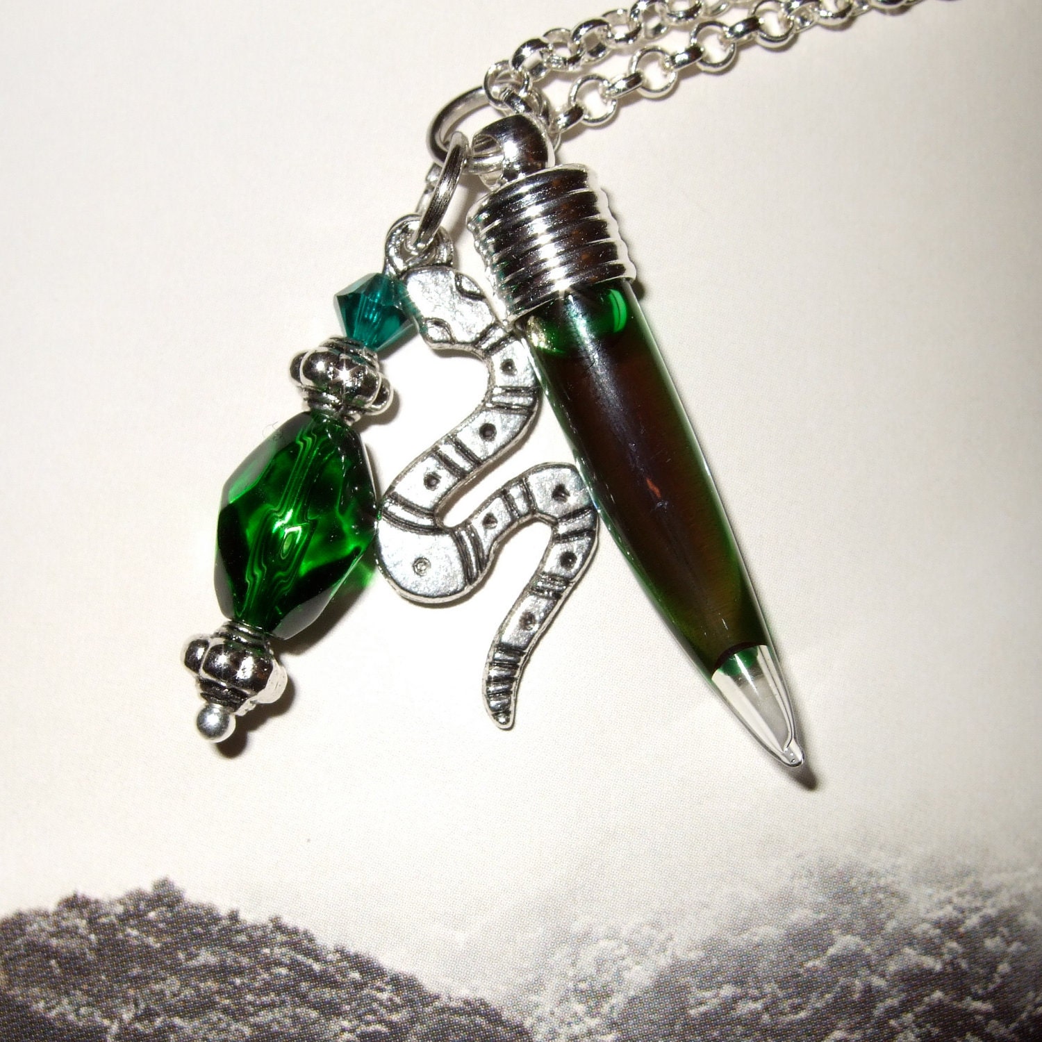 Vial Necklace Glass Vial Green Fang Pendant Liquid Filled