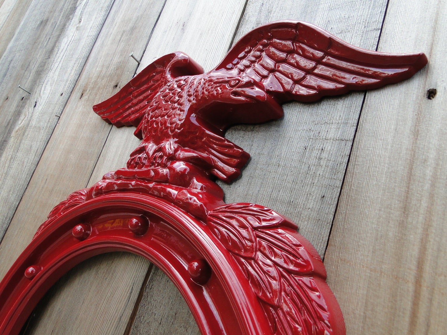 Large Vintage Ornate Round Mirror with Eagle in deep red