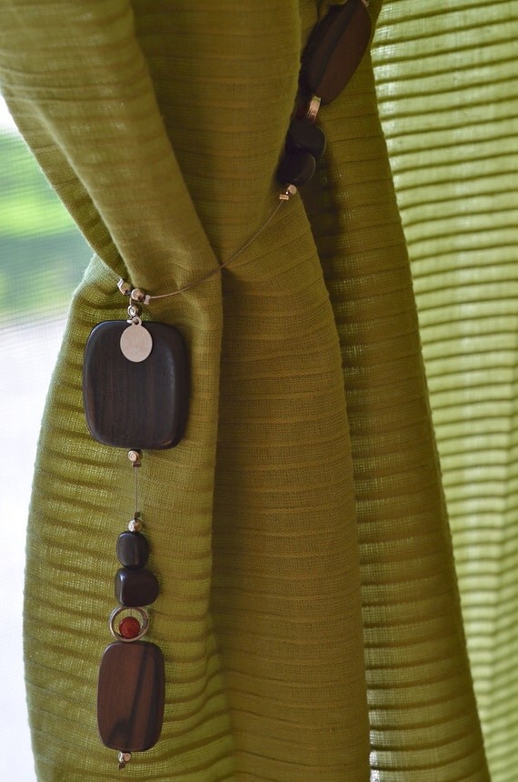 Items similar to Curtains Tiebacks Square Ebony and coral bead Set of 2 window