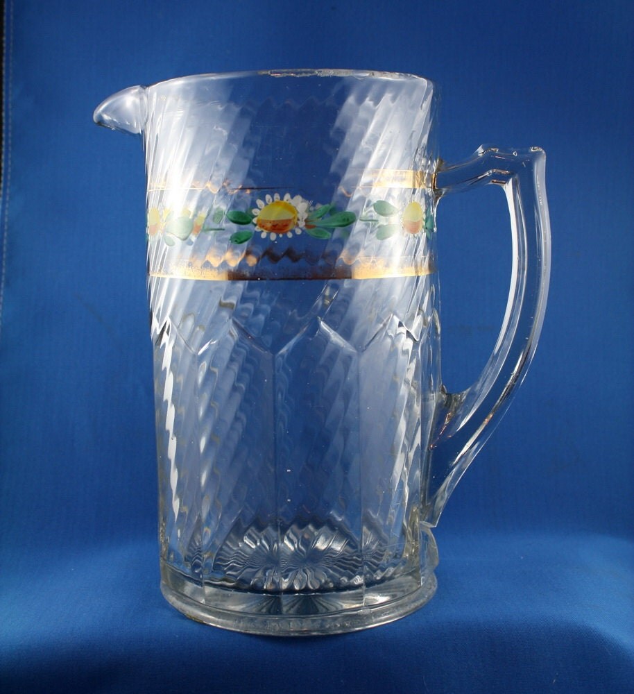 Antique Glass Pitcher Lemonade EAPG Hand Painted Daisies Haute Juice