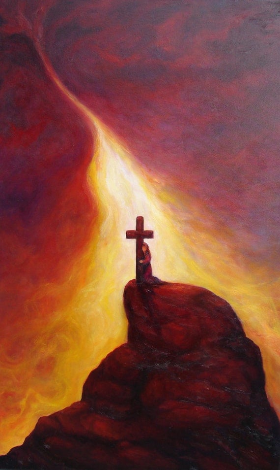 Original Oil Painting Cross Woman kneelingSunset by ShirinMackeson