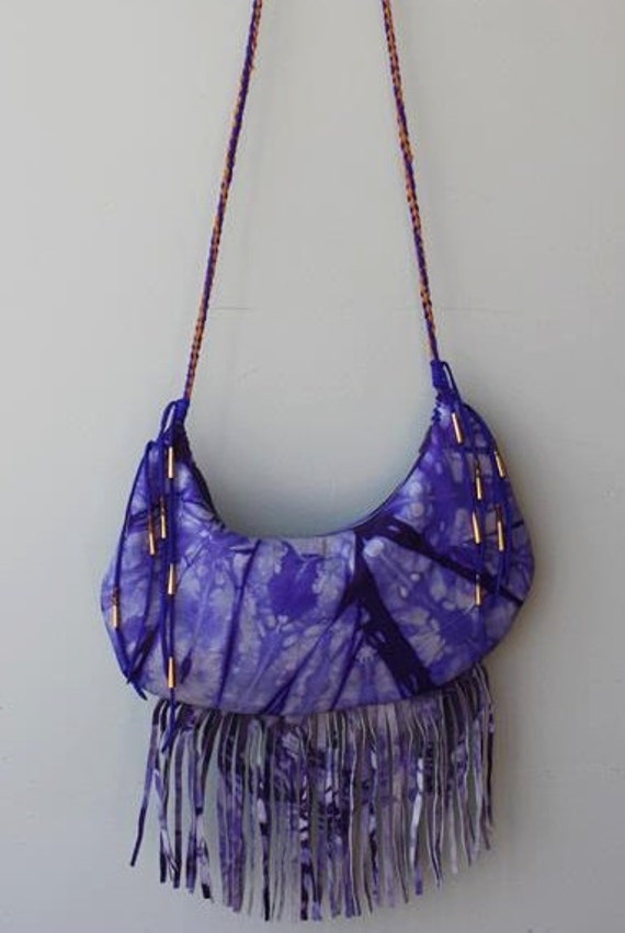 Purple Tie-Dye Leather Fringe Hand bag Purse by nativerainbow