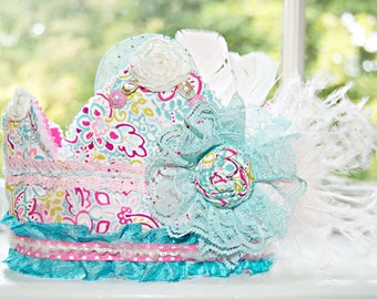 Birthday Crown - Party Hat - Photo Prop - Pink Turquoise Crown - Princess Dress Up - Birthday Hat