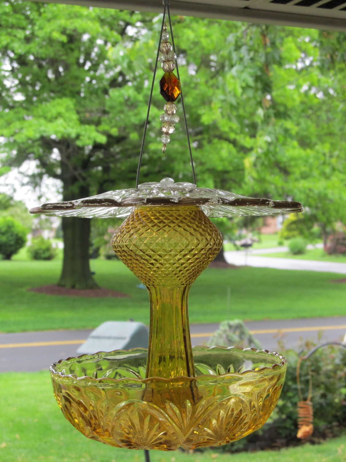 Large amber cut glass bird feeder