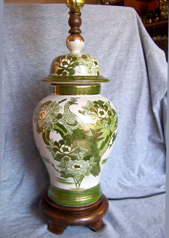Chinoiserie Peacock lamp green white & gold ginger jar carved