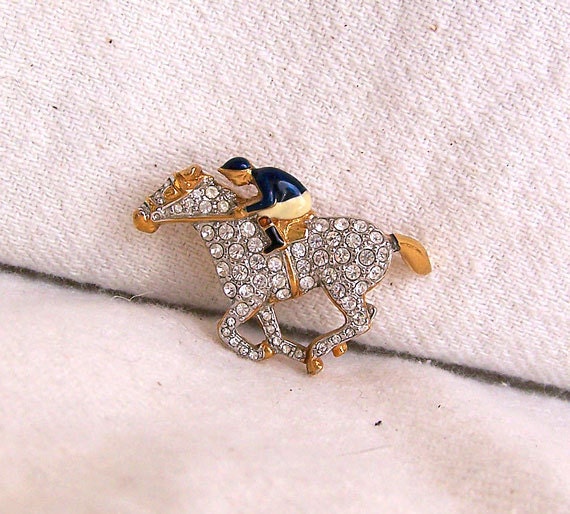 Horse and jockey brooch Kentucky Derby race horse signed