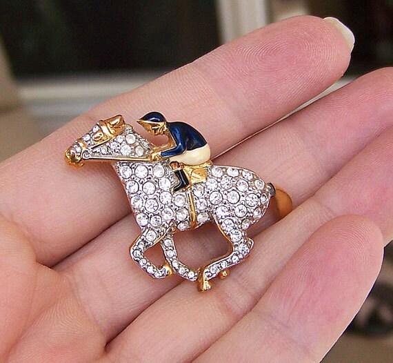 Horse and jockey brooch Kentucky Derby race horse signed