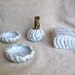 Hollywood Regency cigarette lighter smoking set 4 piece thistles white with metallic gold trim ashtrays box